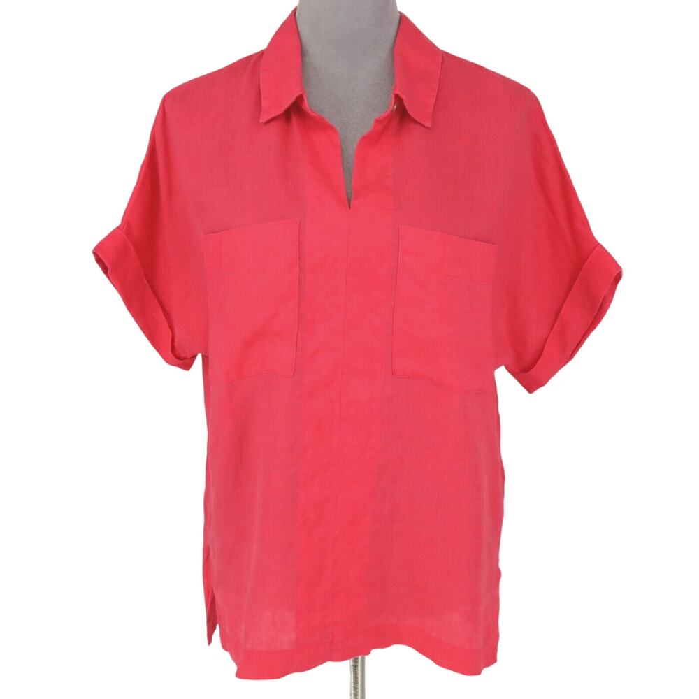 Elliott Lauren Top Womens 8 Red Linen Tunic Blouse Pockets Back Pleat Pullover